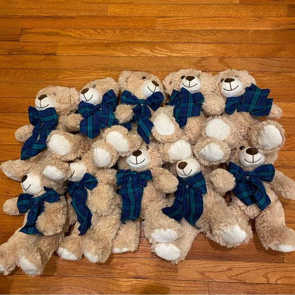 10 Plush Teddy Bears with Blue Plaid Bows great for 1st birthday or baby shower